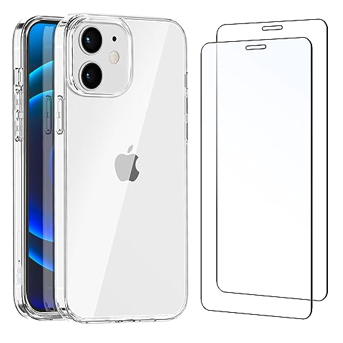 NEW'C Hülle für iPhone 12, 12 Pro Ultra Transparent Silikon Weiches TPU Gel und 2 × Panzer Schutz Glas