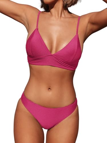 CUPSHE Damen Bikini Set V Ausschnitt Triangel Breites Unterbrustband Rippstruktur Bademode Zweiteiliger Badeanzug Swimsuit Rose M