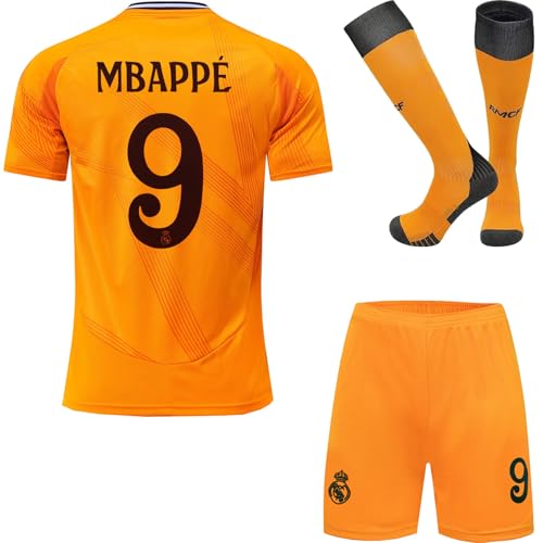 KISRAS R.Madrid Mbappe #9 2024/2025 Auswärtstrikot Shorts und Socken Kinder und Jugend Größe (Orange,24)