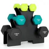 Hantelset 2x1kg, 2x2kg, 2x3kg mit Rack - 12 kg Farbwahl - Kurzhanteln 6er Set aus Gusseisen mit Vinyl, Hantelständer, Gewichte für Home Gym, Fitnessstudio Training Krafttraining, rutschfeste Neopren