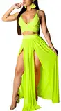 Damen Sexy 2-teiliges Outfit Kleid Chiffon Träger Tiefer V-Ausschnitt BH Crop Top High Split Maxi Kleider Rock Set, leuchtend grün, M