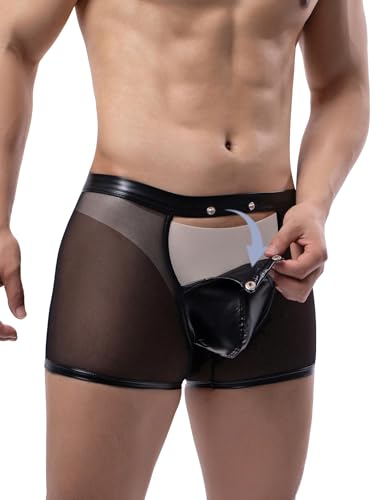 ohyeahlady Latex Boxershorts für Männer Sexy Unterwäsche Wetlook Große Größen Höschen Sissy Dessous Reizwäsche Herren Erotisch Slips Mesh Unterhosen Transparent Boxer Briefs Schwarz M