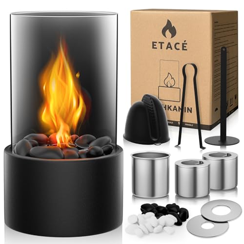 Tischkamin mit 2 Farben Deko Steinenmit, Tischfeuer Set für Indoor mit 2 Brennkammern für 4H Brenndauer, Bio Ethanol Kamin für Indoor & Outdoor, Balkon Wohnung Deko, Erstellen Romantische Ambiente