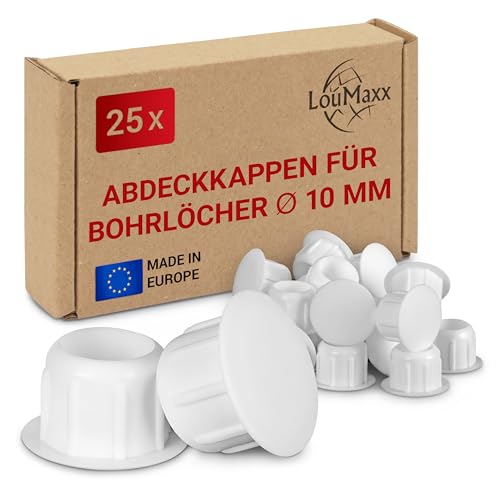 LouMaxx Abdeckkappen für Bohrlöcher Ø 10mm - 25er Set Blindstopfen Kunststoff in Weiß – Bohrloch Abdeckkappen Made in Europe – UV-beständige Abdeckstopfen 10mm