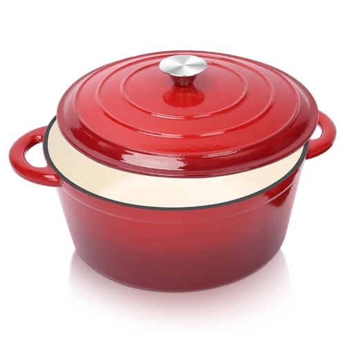 Ø28cm Emaille Gusseisen Schmortopf mit Deckel,Dutch Oven Gusseisen Bräter für alle Herdarten und Induktion, GusseisenTopf Brot Backen, Brotbacktopf, Brotbackset Zubehör, Rund,Rot,5,7L