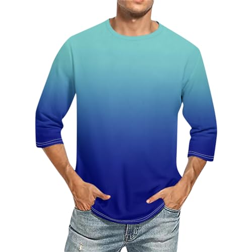 Sportshirt Herren Kurzarm Gym Shirt Herren Glitzer Top Shirt 3/4 Arm Herren Rundhals 3D Druck Dreiviertelarm Shirt Casual Papa Tshirt Für Männer Yoga Shirt (Hellblau, 3XL)