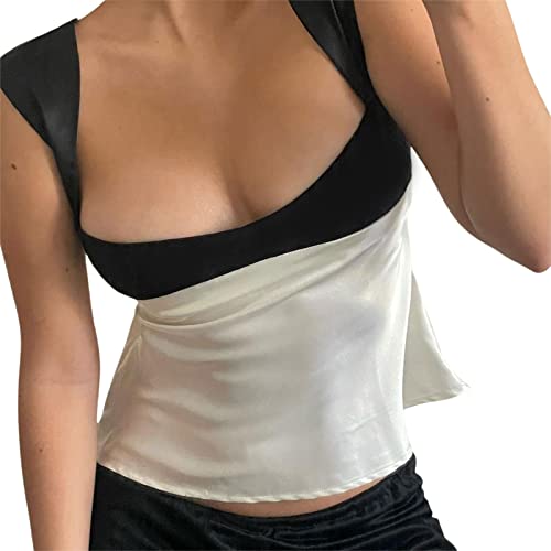 Yassiglia Damen Ästhetisch Patchwork Crop Tops Sommer Tank Top Ärmellose Rückenfreie Camisole Y2K Harajuku Camis Sexy, Elegant, Low Cut, Slim Fit (Weiß, S)