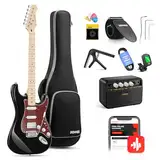 Donner E Gitarren Set, 39 Zoll E-Gitarre HSS Pickup Coil Split, DST-152B Electric Guitar mit Verstärker, Tasche, Kapodaster, Gurt, Saiten, Stimmgerät, Kabel, Plektren, Schwarz