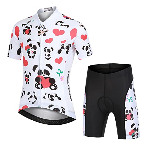 LCIGIA Kinder Jungen Fahrrad Trikot Set Mädchen Radtrikot Atmungsaktiv Fahrradtrikot Kurzarmtrikot + Kurz Radhose mit 3D Sitzpolster Radanzug, Panda+Herz, 164