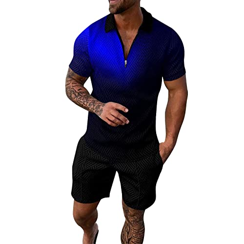 Hehiy 2 Teiliges Herren Sportanzug,Herren Sportswear Print Farbe Kurzarm Zip Shirt Shorts Set Sommer Lässige Streetwear Anzüge Sportanzug Herren Kurz Freizeitanzug Herren Elegant