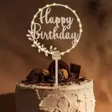 Giftota Cake Topper Happy Birthday aus Holz mit LED Lichterkette - Tortendeko Geburtstag, Kuchen Deko für Mädchen Jungen Frauen Männer - Größe 18 x 27 cm