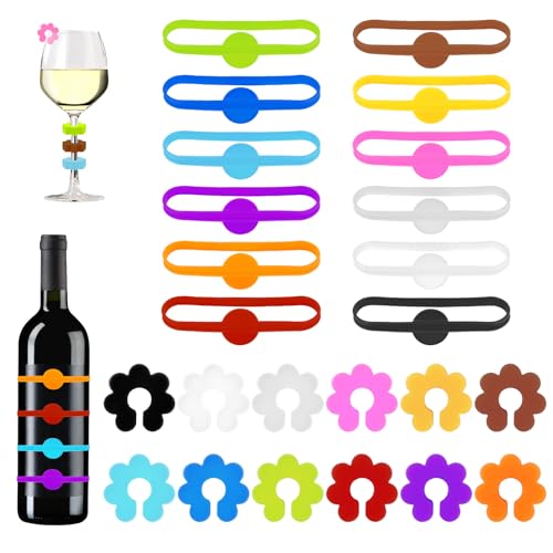 TDUNSYA 24 Stück Glasmarkierer, Glas Markierung Trinkgläser,Wiederverwendbarer Glasmarker Silikon,Weinglasmarkierer Wein Marker,Charm Weinglasring Silicon für Weinglas,Tassen, Trinkglas,Cocktailglas