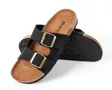 HEYO Pantoletten Herren Damen Sandalen Bequeme Hausschuhe Unisex Kork Badelatschen mit verstellbaren Riemen (Schwarz, EU Schuhgrößensystem, Erwachsene, Numerisch, M, 38)