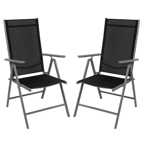 Montafox Klappstuhl Set Balkonstühle Alu Gartenstuhl Verstellbar Klappbar Belastbarkeit 120 kg Outdoor Hochlehner Aluminium Klappsessel Doppelpack Balkon Terrasse, Farbe:grau/schwarz, Menge:2 Stück
