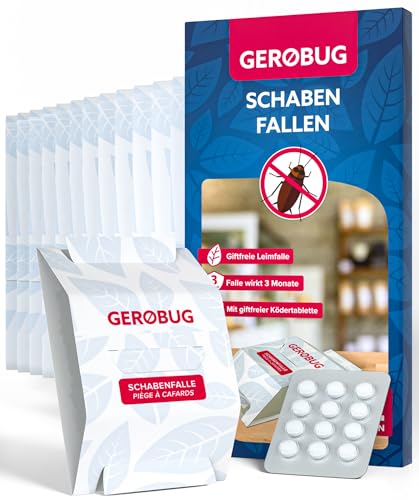 Gerobug Schabenfalle 12 STK. inkl. Ködertabletten - Kakerlakenfalle zur Befallsermittlung von Schaben in Allen Wohnräumen - Mit Ebook mit Tipps zur Schaben-Vertreibung