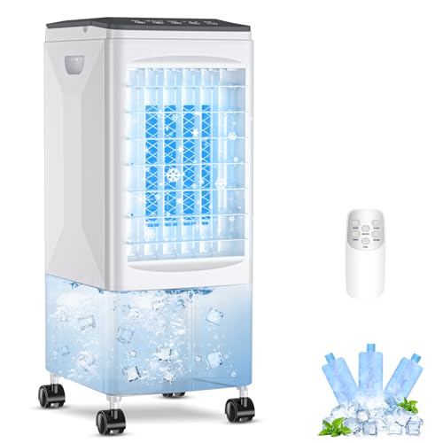 Mobile Klimaanlage Mobil Klimagerät Luftkühler 4 in 1 Ventilator mit Wasserkühlung Klimagerät ohne Abluftschlauch Verdunstungskühler mit 5,5L Wassertank 7h Tmer 3 Kühlakku Fernbedienung