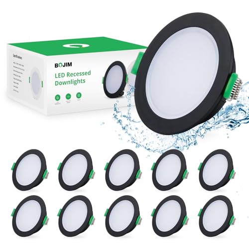 Bojim LED Einbaustrahler 230V Schwarz, 10x LED Spot IP65, 5W Einbauspots Badezimmer 4000K Neutralweiß 400LM, Deckenspots 68mm, Deckeneinbaustrahler Flach 35mm, Einbauleuchten Für Das Bad Schlafzimmer