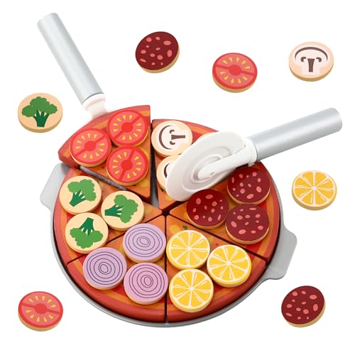 Pizza Set Holz,27-Pizza Kinderküche Zubehör,Spielzeug Lebensmittel für Kaufladen zubehör Holz,DIY-spielküche zubehör Holz für alle Arten von Kinder kinderküche zubehör