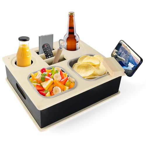 Couchbar Snackbox, Sofatablett mit 360°Drehbarer Handyhalterung, Couchbar Snackbox mit beweglicher Trennwand, Zwei Edelstahlschalen, Holz Sofatablett für Sofa, Wohnmobilausstattung