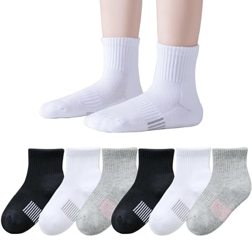 EPEIUS Gepolsterte Socken für Kinder, Mädchen, dicke Baumwolle, Laufsocken, Knöchel, Sportsocken, kurze Sportsocken, Viertelsocken, 5–15 Jahre, Schwarz, Weiß, Grau, 6 Stück, 8-11 Years