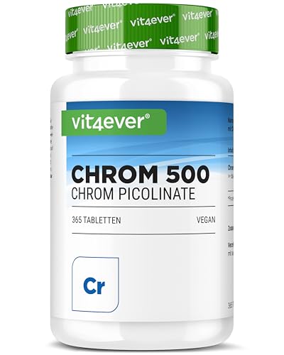 Chrom aus Chromium Picolinate - Extra hochdosiert 500 mcg Chrom pro Tablette - 365 Tabletten - Laborgeprüft - Ohne unerwünschte Zusätze - Hochdosiert - Vegan