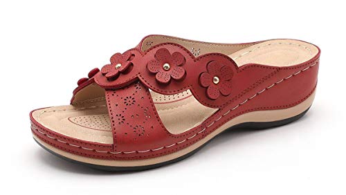 HylianZ Damen-Plateau-Sandalen, bequem, Kreuzriemen, kleine Blumen, stoßdämpfend, atmungsaktiv, Fußbett, für drinnen oder draußen, Rot (rot), 40 EU