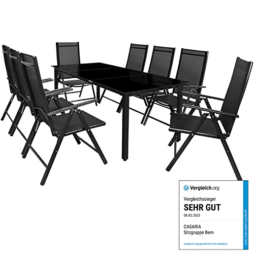 Casaria® Gartenmöbel Set 8 Stühle mit Tisch 190x90cm Aluminium Sicherheitsglas Wetterfest Klappbar Modern Terrasse Balkon Möbel Sitzgruppe Garnitur Bern