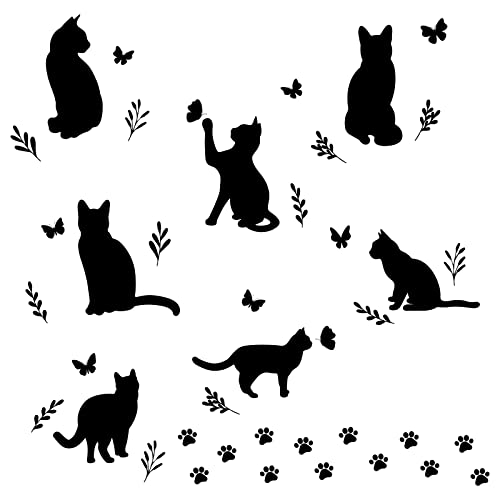 SUPERDANT Schwarze Katze Wandaufkleber Katzen Silhouette Schmetterling Wanddekoration Pfotenabdruck Tierkunst Türaufkleber Halloween DIY Kunst Fensteraufkleber Für Kinderzimmer Zimmerdekoration