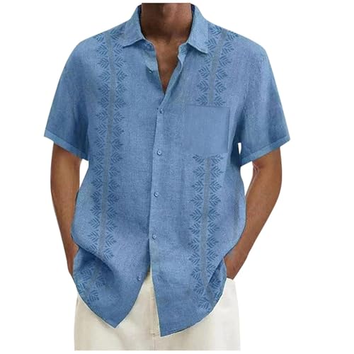 Generisch Herren Sommerhemd Baumwolle Leinen Langarm Hemd Henley-Kragen Lässiges Regular Fit Shirts Herren Hemd Kurzarm Rot Frischer und Schlichter Stil