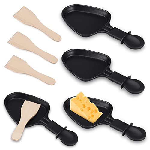 Pfännchen Mini 4 Stücke Antihaftbeschichtet Grill Pfännchen Viereckig Mini Raclette Grill mit 4 Holzschaufel für Universal Elektrogrill Käse Eier（Dreieck）