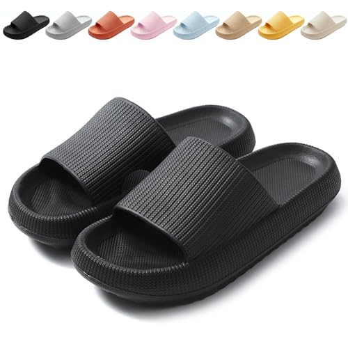 Calish Badeschuhe Herren Damen Cozislides Original Slippers Cloudyzz Schlappen Wolke rutschfeste Badelatschen Hausschuhe Sommer Pantoletten Badeschlappen Flip Flops Indoor/Outdoor, Schwarz, 38-39 EU