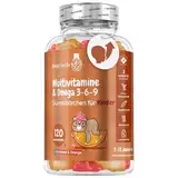 Multivitamin Gummibärchen für Kinder - Mit Omega 3, 6, 9, Jod, Zink, Vitamin C, E, D3, B7, B12 - Für Energie, Immunsystem & Stoffwechsel - 120 Multivitamin Fruchtgummis - Himbeer & Orangengeschmack