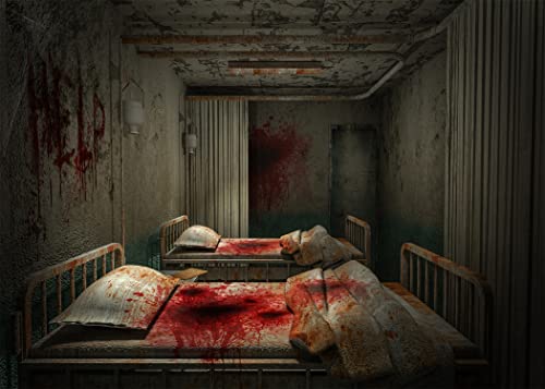 BELECO 2.1x1.5m Blutige Krankenhausstation Halloween Kulisse Stoff Gruseliges Krankenhaus Krankenbett Blutspritzer Mord Krimi Hintergrund Halloween Zombie Party Dekoration Horror Kulisse