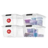 Iris Ohyama Aufbewahrungsboxen mit Deckel, 15L, 4er-Set, Transparent, Sicherer Verschluss, Stapelbar, Griffe, Schlafzimmer, Schrank, Büro, Organisation, BPA-freies Plastik, Ordnungsboxen, NTB-15