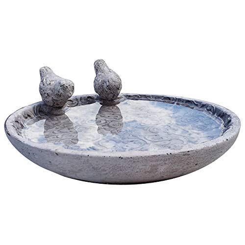 Dio Vogeltränke für den Garten, Vogelbad mit 2 Deko-Vögel für Wildvögel, Naturprodukt mit Rosenornamenten (Ø 24 cm) - Neue, sichere Verpackung - Nicht frostfest