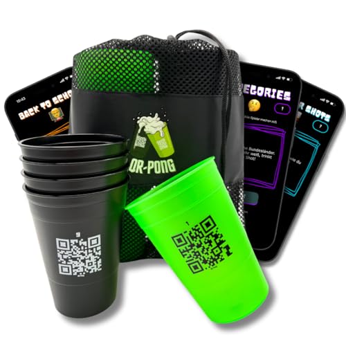 QR-Pong Interaktives Beer Pong Set, 20 Hartplastikbecher, 4 Tischtennisbälle, Schwarz/Grün/Pink
