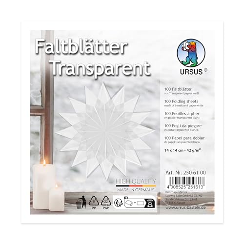 Ursus 2506100 - Faltblätter aus weißem Transparentpapier, ca. 14 x 14 cm, 42 g/m², 100 Blatt, zum Falten von transparent schimmernden Figuren, durchgefärbt