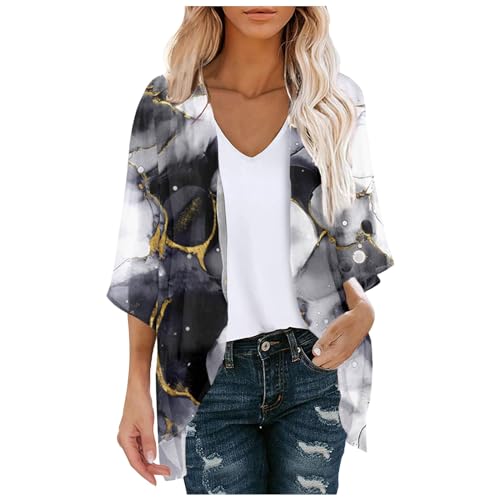 NHNKB Damen Dünner Strickjacke Sommer Sonnenschutz Swimwear Boho Beachwear Chiffon Cover Up Kimono Cardigan Strandkleider Sexy Elegant Bademode Badeanzug 3/4 Glocke Ärmel Shirt(B1-Black, XL)