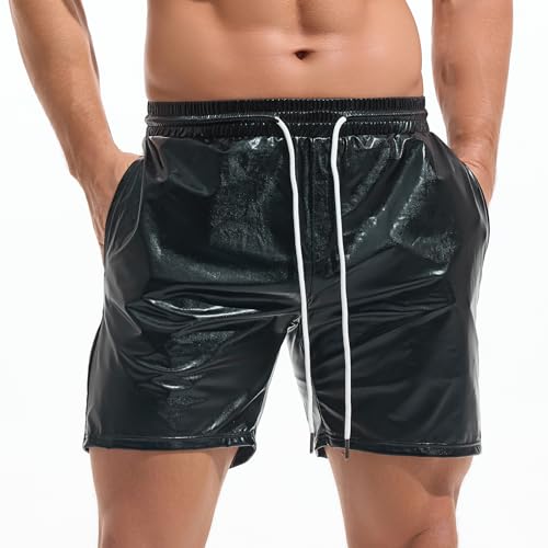 Amy Coulee Metall Shorts Herren Glänzend Nachtclub Disco Party Glänzend Kurze Hose (Schwarz, M)