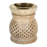 Casa Moro Orientalische Duftlampe NAMASTE BEIGE aus Naturstein Soapstone geschnitzt 10x10x11 cm (B/T/H) mit Metall-Schale ätherisches Öl Diffusor, Teelicht-Halter für Aromatherapie, Aroma-Lampe | SL20