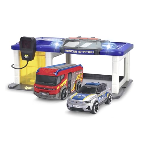 Dickie Toys - Rescue Auto-Station für Kinder ab 3 Jahre (31x22 cm) mit 2 Spielzeug-Autos (Polizeiauto & Feuerwehrauto), Feuerwehr- & Polizeistation mit Licht & Sound, inkl. Batterien