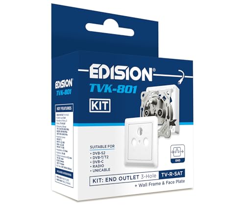 EDISION Antennendose Sat TVK-801 Kit: Enddose Stich TV-R-SAT unterputz/aufputz 3-Loch inkl. Abdeckung und Aufputz-Rahmen, DVB-S2, Unicable, DVB-T/T2, DVB-C, Radio, FM, DAB+, DC-Pass, 3 Ausgänge