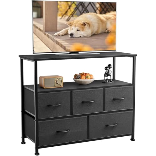 DUMOS Kommode mit Schubladen - kommoden & Sideboards für Schlafzimmer Geeignet, Komodenschrank mit 5 Schubladen, TV-Schrank mit Stabilem Stahlrahmen, Ideal für Schlafzimmer, Wohnzimmer (Schwarz)