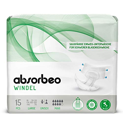 Absorbeo Windel Maxi 15 Stück, Saugfähiges Hilfsmittel für Schwere Blasenschwäche, Absoluter Komfort, Totaler Schutz, Anti-Odour-System, Vollständig Atmungsaktiv, Unisex, Größe L
