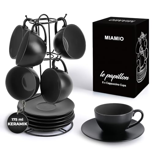 MIAMIO - 6 x 175 ml Tasse Cappuccino Tassen mit Unterteller & Ständer/Cappuccinotassen Set - Le Papillon Kollektion (Schwarz)