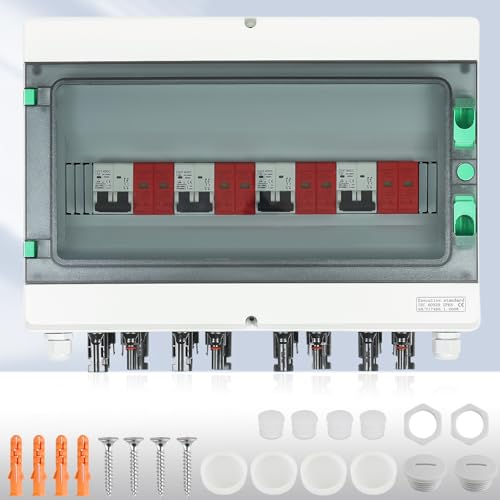 Warmfay Überspannungsschutz PV DC1000V Blitzschutz Leitungsschutzschalter 32A DC Trennschalter PV Anlage 4 String, IP65 Wasserdicht & UV-Beständig Solar Anschlusskasten 4 in 4 out