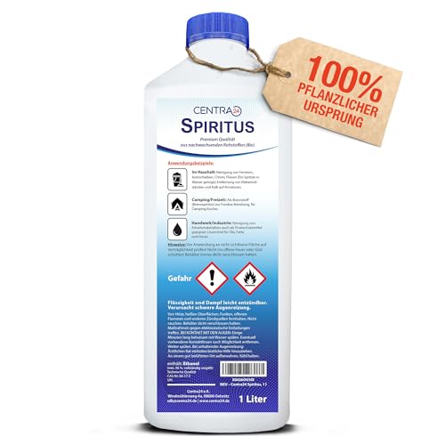 Centra24 Spiritus 1L, Premium Brennspiritus, Bioethanol, für Garten, Haushalt und Industrie, Spirit, Reinigungs- und Lösungsmittel, aus nachwachsenden Rohstoffen