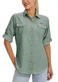 WILLIT Damen UPF 50+ Shirt Sonnenschutz Shirts Hemden Langarm Wanderbluse Safari Angel Shirts SPF Schnelltrockner Wandern Outdoor Shirts Salbei Grün M