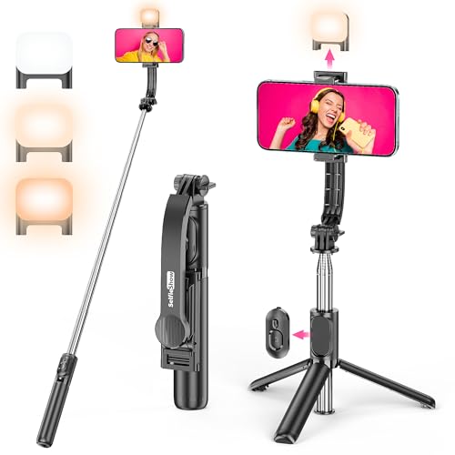 Selfie Stick Stativ mit Fülllicht, Erweiterbar 4 in 1 Selfie Stange mit Abnehmbarer Fernbedienung & Handyhalterung Smartphone Stativ 360°Drehbarer Tragbar Reisestativ Kompatibel für iPhone/Samsung