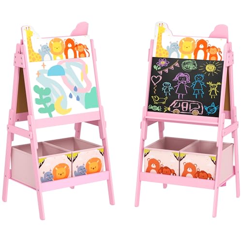 AIYAPLAY 2-in-1 Kindertafel, doppelseitige Kinder Staffelei, Staffelei mit Kreidetafel, Whiteboard, Aufbewahrungsboxen, für Kinder 3-8 Jahre, Rosa